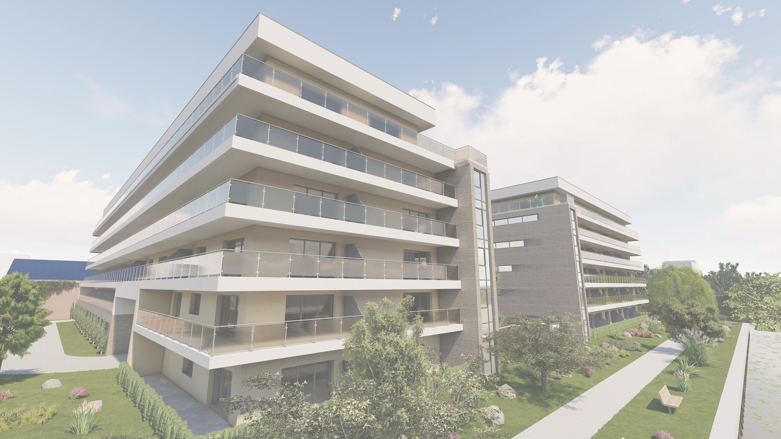 Hochbauplanung: Zwei moderne Häuserblocks mit Balkone. Davor sind Bäume und Sträucher gepflanzt - und ein Fußweg.